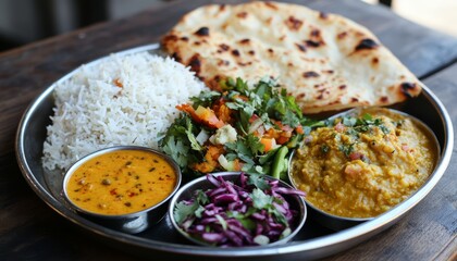 Delicious Indian meal with naan, curry, and colorful side dishes.