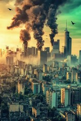 Naklejka premium A cityscape shrouded in smoke and pollution, highlighting environmental concerns.