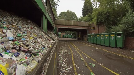 A cluttered waste disposal area with overflowing trash and recycling bins.