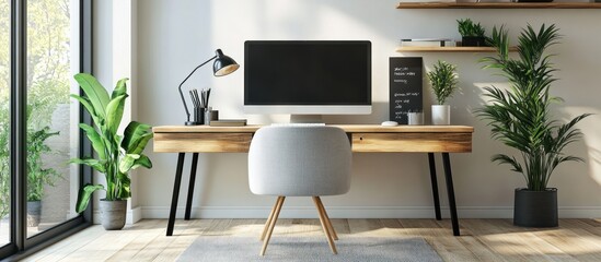 A modern home office with a wooden desk, a grey chair, a computer, and plants.