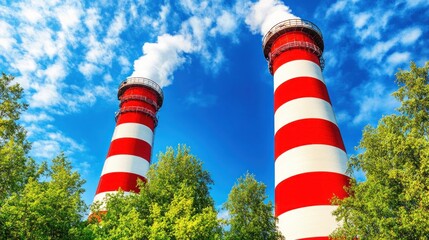 Two red and white smokestacks emitting steam against a blue sky and green trees.