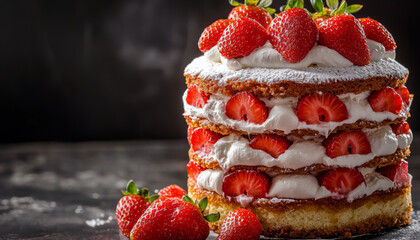 A delicious layered cake topped with fresh strawberries and whipped cream, perfect for celebrations.