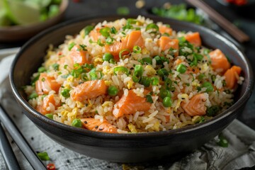 Rustic salmon fried rice served with chopsticks on a wooden table, garnished with green onions and sesame seeds