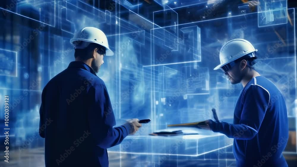 Poster Two engineers collaborate using ar glasses and a transparent tablet in a futuristic industrial setting, showcasing virtual and augmented reality integration