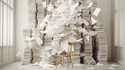 Paper Storm: A solitary chair stands amidst a swirling vortex of white papers, symbolizing the overwhelming nature of paperwork and the feeling of being buried under a mountain of tasks. 