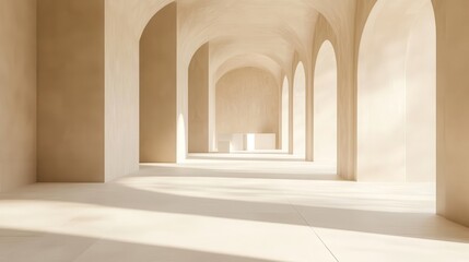 Naklejka premium Mock up frame in a calm, empty exhibition hall with soft sand-colored walls and smooth white floors