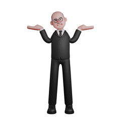 Male Judge Cartoon Character. A judge stands raising both hands with palms facing upwards. 3D Judicial Illustration