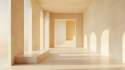 Mock up frame in a calm, empty exhibition hall with soft sand-colored walls and smooth white floors