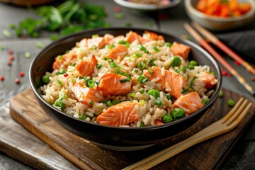 Delicious bowl of vegetable fried rice with fresh herbs and sesame seeds for a healthy Asian meal