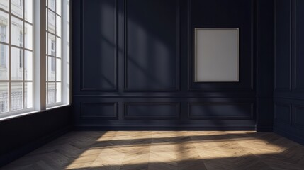 Mock up frame in a minimalist empty exhibition space with deep navy walls and sleek wooden floors, no furniture or decorations, 3D render 