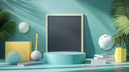 The podium is brightly lit, placed in front of a chalkboard, with school-related items nearby