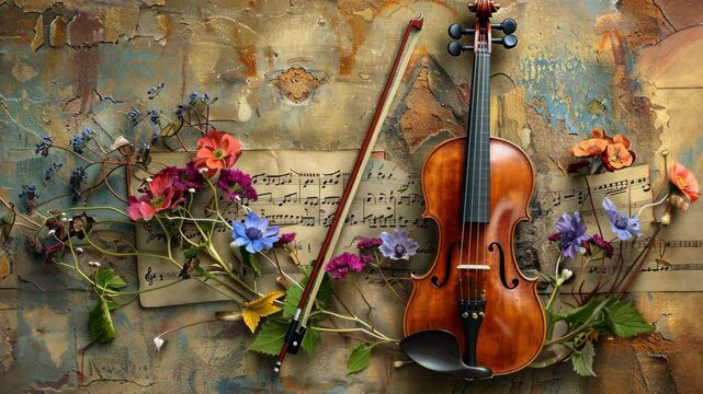 A violin and its bow lay among colorful flowers and sheet music on a textured background