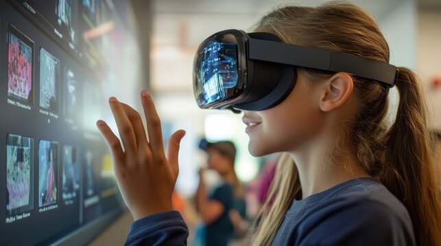 Young Girl Wearing VR Headset Interacting with Digital Screen