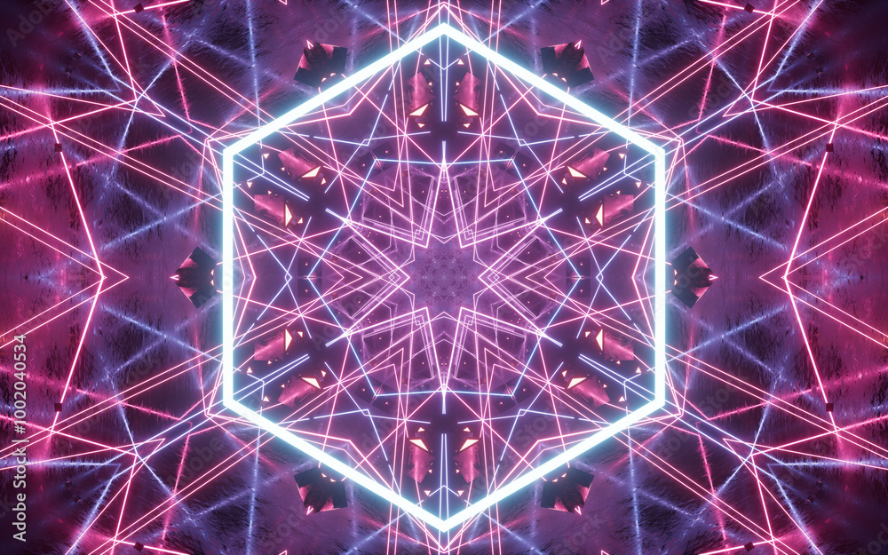 Poster Abstract glowing neon kaleidoscope pattern, 3d rendering.