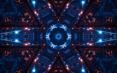 Abstract glowing neon kaleidoscope pattern, 3d rendering.