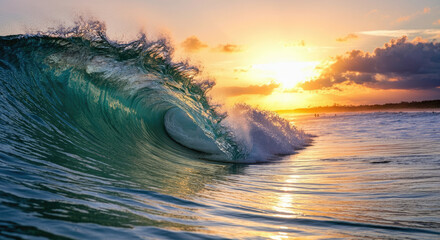 Sunset over the ocean waves.