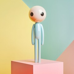 42. Art toy figure with a playful design and soft pastel colors standing on a modern platform...