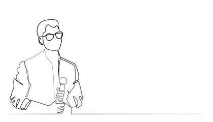 continuous line of young man holding a mic.professions presenter,journalist,singer,karaoke.single line vector illustration.isolated white background