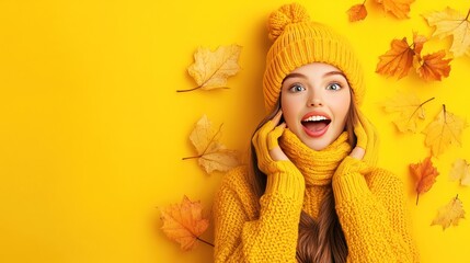 A young woman dressed in cozy autumn attire with a beanie and scarf, expressing surprise and joy, surrounded by fall leaves on a yellow background.