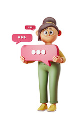 Cartoon character holding chat bubble with dots, isolated on white background. 3D rendering. Concept of communication