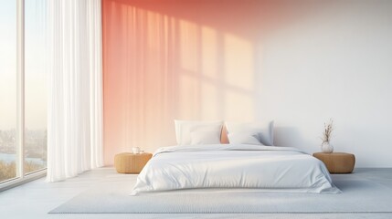 Minimalist Bedroom Interior Design with White Bed  Pink Wall  and Natural Light