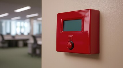A close-up of a red control panel mounted on a beige wall in a modern office setting.