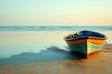 Obraz premium A colorful boat rests on a serene beach, reflecting the calm waters and gentle waves under a soft sky.