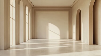 Mock up frame in a spacious exhibition room with light taupe walls and smooth white floors