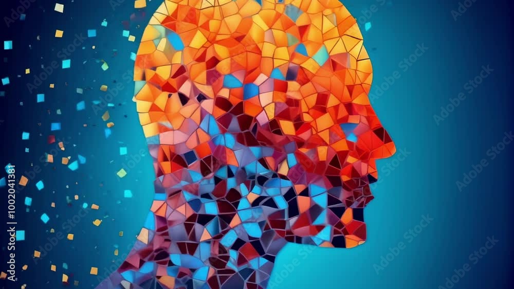Poster Abstract human head profile composed of colorful geometric shapes, evoking concepts of artificial intelligence, consciousness, and the digital world