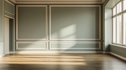 Obraz premium Mock up frame in an empty exhibition space with pale olive walls and sleek wooden floors