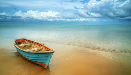 Obraz premium A serene coastal scene featuring a colorful boat resting on sandy shores under a dramatic sky.