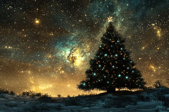 Christmas tree in the night with twinkling lights and ornaments, set against a starry sky