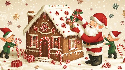 A seamless pattern of Santa Claus decorating a gingerbread house with elves, surrounded by candy canes, snowflakes, and twinkling stars, cute cartoon style, warm festive colors,