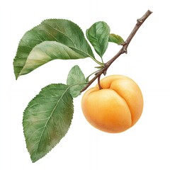 A single, ripe apricot hangs from a branch with lush green leaves against a white background.