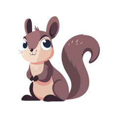 A cute cartoon squirrel standing upright with big blue eyes, bushy tail, and a playful smile. The squirrel is brown and looks cheerful and friendly.