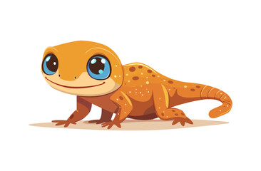 A cute cartoon gecko with bright orange skin and blue eyes. The gecko is smiling, showing its playful and curious nature, with spots on its back.