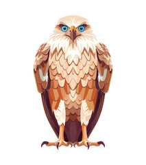 A majestic cartoon eagle standing tall with blue eyes and sharp features. The eagle has detailed brown and beige feathers, giving it a regal and commanding presence.