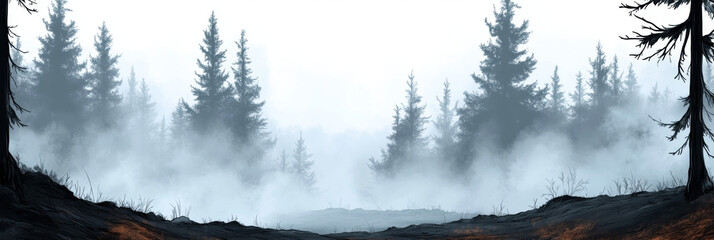 Fototapeta premium Misty morning in the forest with tall pine trees.