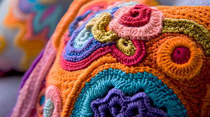 Vibrant Crochet Cushion with Intricate Multidimensional Pattern