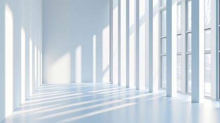 Fototapeta premium Sunlight streams through large windows in a spacious white room, casting long shadows on the floor.