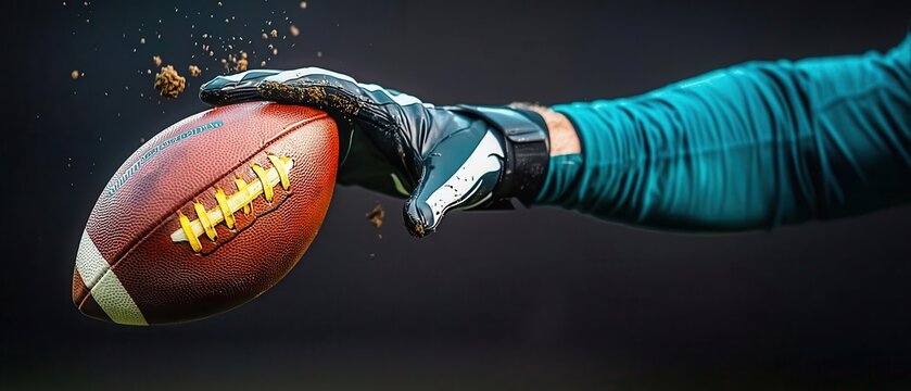 Gloved hand reaching for the ball during a fumble, dirt flying, American football, moment of tension