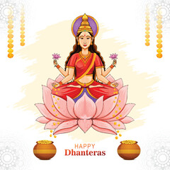 Illustration of happy dhanteras gold coin in pot with maa lakshmi celebration background
