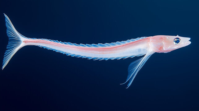 Deep-Sea Dragonfish: A translucent, bioluminescent dragonfish in profile against a deep blue backdrop.  A mesmerizing underwater creature of the deep ocean.