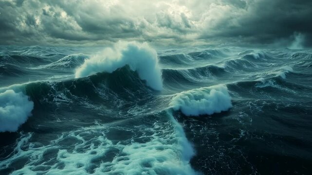 Large waves crash in the open ocean under a cloudy sky
