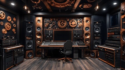 Fototapeta premium Steampunk-themed recording studio with cog-filled walls, copper accents, and vintage microphones, surrounded by dark, moody lighting and a mechanical vibe