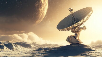 A satellite dish on a lunar landscape, with a distant planet in the background.