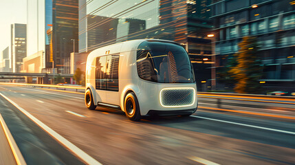 Fototapeta premium Futuristic electric delivery minivan truck driving in city