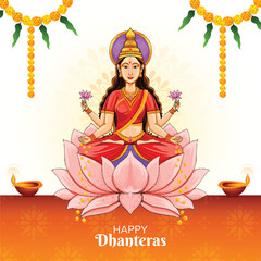 Illustration of happy dhanteras gold coin in pot with maa lakshmi celebration background