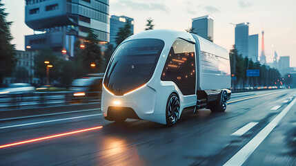 Futuristic electric delivery minivan truck driving in city