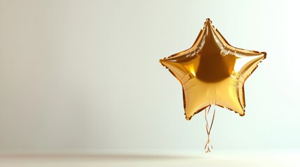 A shiny golden star balloon floats against a white background, perfect for festive celebrations.